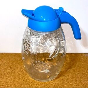 Solmaz Mercan Glass Juice Pitcher Blue Lid Embossed Fruit Pattern Vintage